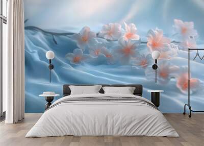 A close up of a white sheet with a bunch of pink flowers on it. The flowers are arranged in a way that they look like they are floating on the sheet. The image has a serene and calming mood Wall mural