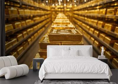 A large number of gold bars are stacked on top of each other in a warehouse. The bars are shiny and golden, and they are piled high on shelves. The scene gives off a sense of wealth and abundance Wall mural