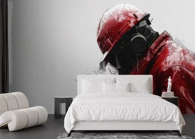 A man in a red jacket and a red helmet is standing in the rain. The man is wearing a gas mask and he is in a state of distress. Concept of danger and urgency Wall mural