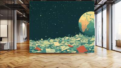 A planet covered in trash and debris. The planet is surrounded by a lot of stars and the sky is dark Wall mural