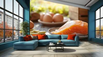 A plate of salmon and eggs sits on a wooden table next to a jar of honey. Concept of health and wellness, as the plate of food is rich in protein and nutrients Wall mural