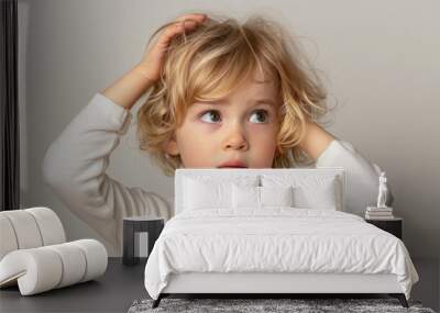 A young blonde child with a white shirt and messy hair is looking up at the camera. The child's expression is curious and inquisitive, as if trying to understand something Wall mural