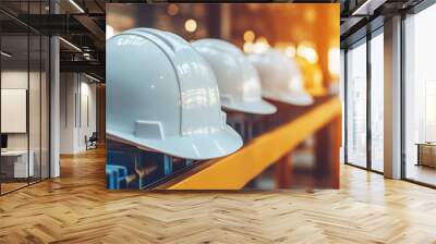 Three white hard hats are lined up on a metal shelf. The hats are all the same color and size, and they are placed in a row. Concept of organization and safety Wall mural