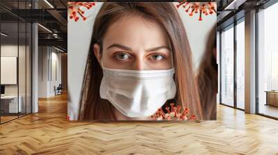 Three women wearing masks with a red background Wall mural