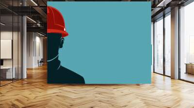 Two men wearing hard hats are standing in front of a blue background. Concept of safety and protection, as the men are wearing helmets, which are commonly associated with construction Wall mural