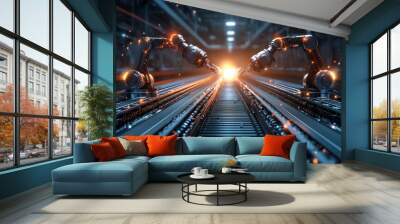 Two robots are working together in a factory. The robots are surrounded by a bright orange light, which gives the scene a futuristic and industrial feel. The robots are positioned on a conveyor belt Wall mural