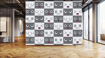 seamless repeating pattern emoticons with various expressions in gray monochrome Wall mural