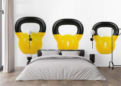 Set vector gym yellow kettlebell of fitness equipment, 3d realistic isolated on white background Wall mural