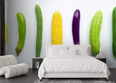 Banana, eggplant, corn, luffa acutangula, bitter melon,  green papaya on white Wall mural