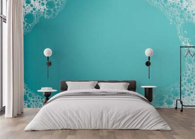 Detergent foam bubble on water. Blue background, Soap sud Wall mural