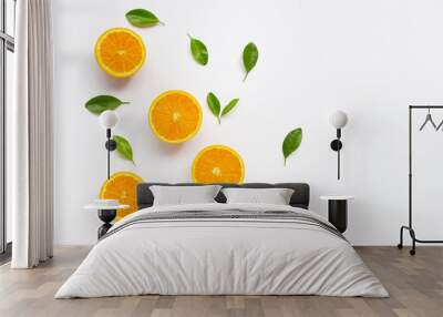 Fresh orange citrus fruit with leaves isolated on white background. Wall mural