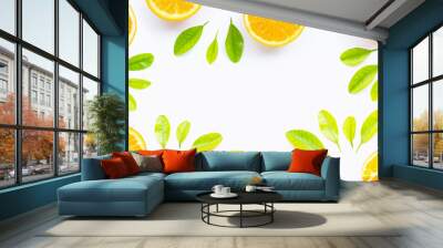 High vitamin C, Juicy and sweet. Fresh orange fruit with green leaves  on white. Wall mural