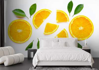 High vitamin C. Fresh orange citrus fruit with leaves isolated on white. Wall mural