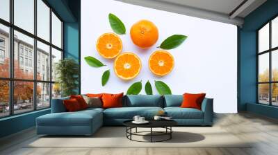 High vitamin C. Fresh orange citrus fruit with leaves isolated on white Wall mural