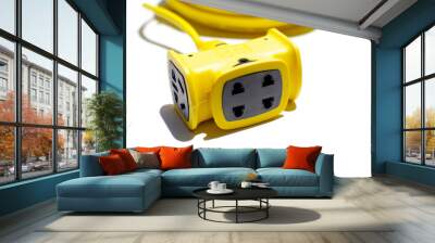 Yellow extension electric cable reel on white background. Wall mural