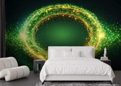 Abstract green energy torus emitting particles, light rings, glow, flash, gold close-up Wall mural