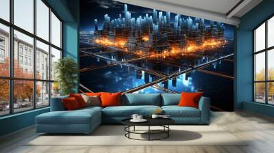  Abstract digital background of a futuristic cityscape with data highways, Generative AI  Wall mural