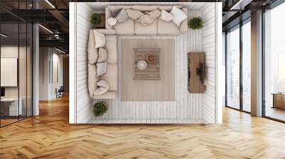 3D Render of a farmhouse living room with a large sofa, wooden coffee table, and shiplap walls, floor plan, on isolated white Wall mural