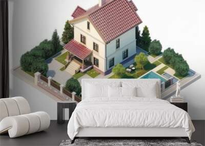 3D Render of a farmhouse with a detached guest house and pool, on isolated white background, Generative AI Wall mural