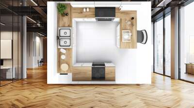 3D Render of a Scandinavian kitchen with white cabinets, wooden countertops, and simple decor, floor plan, on isolated white Wall mural