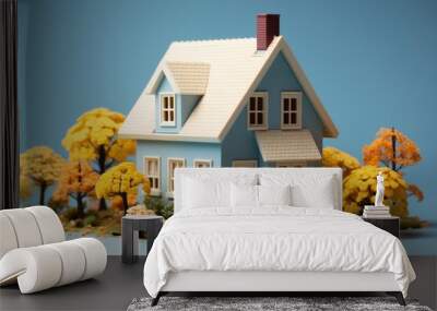 3D Render of a Soft Blue Country Cottage, on an isolated Buttercream Yellow background, Generative AI Wall mural