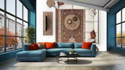 3D Render of a traditional living room with a three-piece sofa set, coffee table, and a large area rug, floor plan, on isolated Wall mural