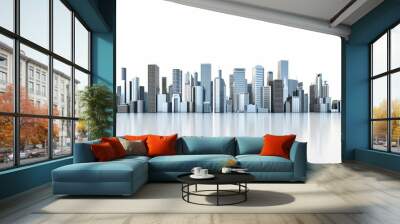 3D Render of modern city skyline with skyscrapers and office buildings, on isolated white background, Generative AI Wall mural