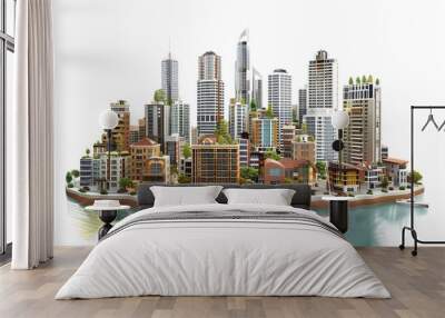 3D Render of waterfront cityscape with boats in the harbor and a mix of residential and commercial buildings, on isolated white background, Generative AI Wall mural