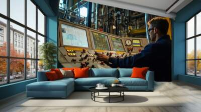 A Plant Operator Monitors A Large Control Panel With Various Dials And Screens. They Adjust Settings To Maintain Optimal Wall mural