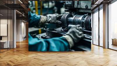 A Technician Inspects The Gearbox Of A Milling Machine. They Check For Proper Lubrication And Look For Any Signs Of Dama Wall mural