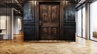 Elegant wooden door opened to reveal a mysterious and dark room, Generative AI Wall mural