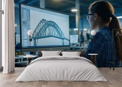 Female engineer designing a bridge on her computer. The screen shows a detailed structural analysis Wall mural