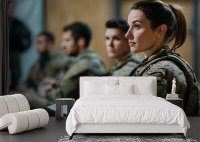 Female soldier attending a briefing with her squad. The briefing room and presentation materials are visible Wall mural