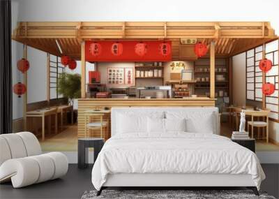 Ramen Noodles Shop Interior, Illustrating the Cozy Atmosphere of a Little Restaurant, on an Isolated White Background, Generative AI Wall mural