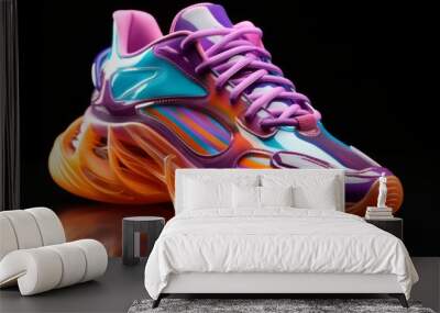 sneakers with neon-colored soles, on an isolated white background, Generative AI Wall mural