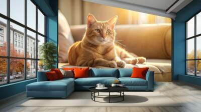 Golden Rays and a Content Feline: A Cozy Couch Scene  generative AI Wall mural