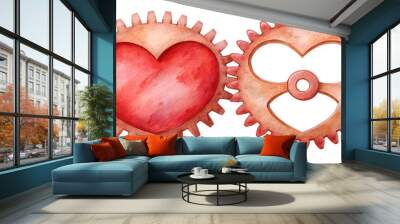 Watercolor drawing of two red hearts in the form of gears that rotate each other AI-Generated Content Wall mural