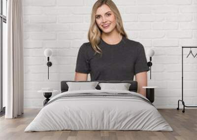 Graphic T-shirt Bella Canvas 3001 CVC Blank Mockup Tee Smiling Woman Model  Dark Grey Heather Wall mural