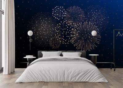 Firework show on blue night sky background. New year concept. Congratulations or invitation card background. Vector illustration Wall mural