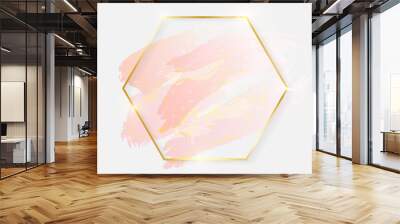 Gold shiny glowing hexagon frame with rose pastel brush strokes isolated on white background. Golden luxury line border for invitation, card, sale, fashion, wedding, photo etc. Vector illustration Wall mural