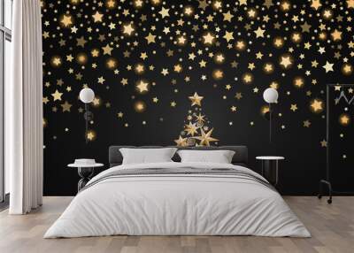 New Year and Christmas card design: gold Christmas Tree made of stars and snowflakes with abstract shining falling stars on black ambient background. Vector illustration Wall mural