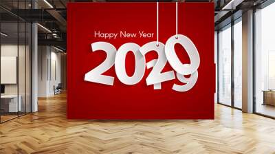 Red Happy New Year 2020 concept with paper cuted white numbers on ropes. Change year from 2019 to 2020. Origami style numbers. Christmas and Chinese New Year decor. Vector illustration Wall mural