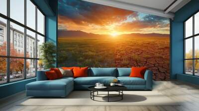 Green Lush Grass Contrasting with Dry Cracked Land Under the Sky Background, Two Different Atmospheres Wall mural