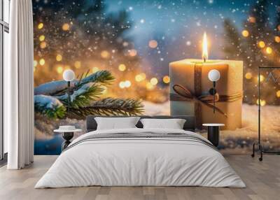 A Festive Glow: A Christmas Card with a Candle and Gift Box in a Cozy Winter Wonderland  AI generated Wall mural