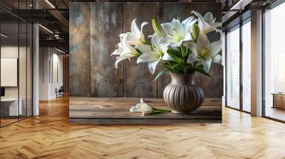 A Symphony of White:  Delicate Lilies in a Vintage Vase on a Rustic Wooden Table  AI Generated Wall mural