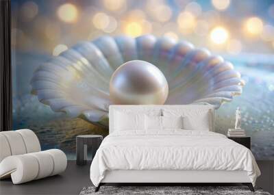 Pearlescent Dreams: A Soft White Cockleshell Unveiling a Gleaming Pearl  Generative AI Wall mural