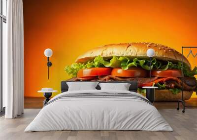 Sandwich with beef cheese tomato and lettuce on orange background silhouette Wall mural