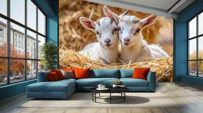 Two Baby Goats Snuggling in a Haybale  AI Generated Wall mural