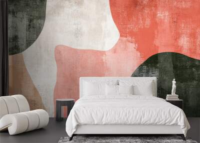 Abstract geometric art with soft red and green organic shapes on textured background Wall mural