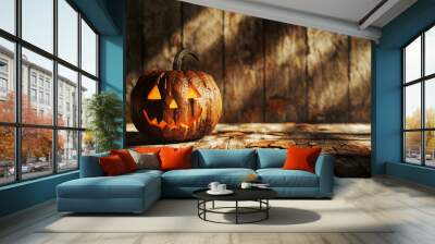 Creepy carved pumpkin on old wooden table in dimly lit room Wall mural